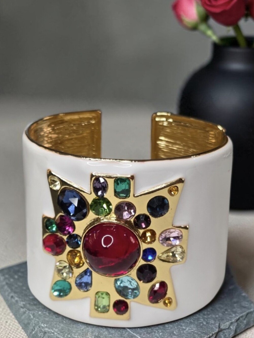 18k Gold Plated Iconic Luxury Maltese Cross Jeweled White Enamel Cuff Bracelet